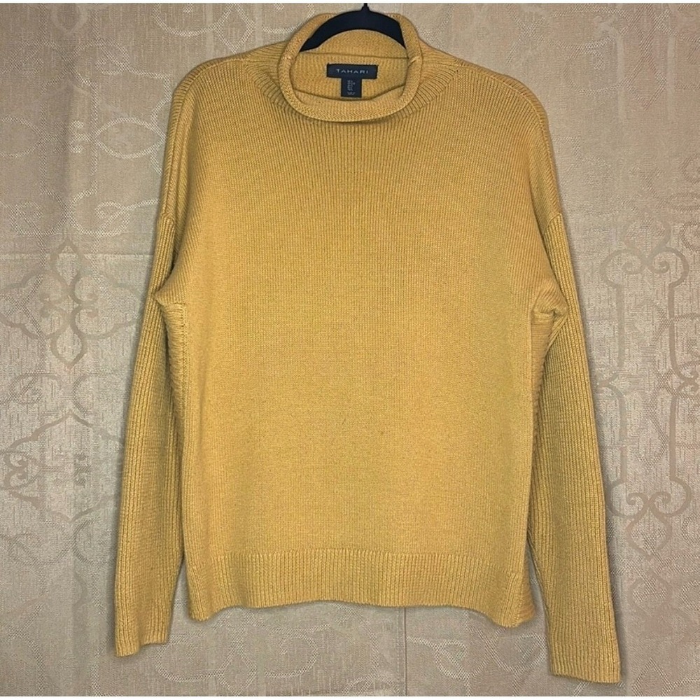 Tahari Mustard Yellow Mock Neck Ribbed Knit Pullover Sweater L Fall Minimal Cozy